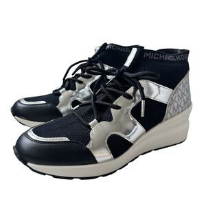 Michael Kors Wedge Sneakers Size 10 Black White Silver Hidden Wedge Trainers